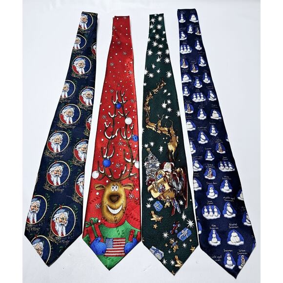 Lot of 4 Christmas Neckties- Santa, Snowmen, Reindeer- Classic Length & Width - Picture 1 of 10